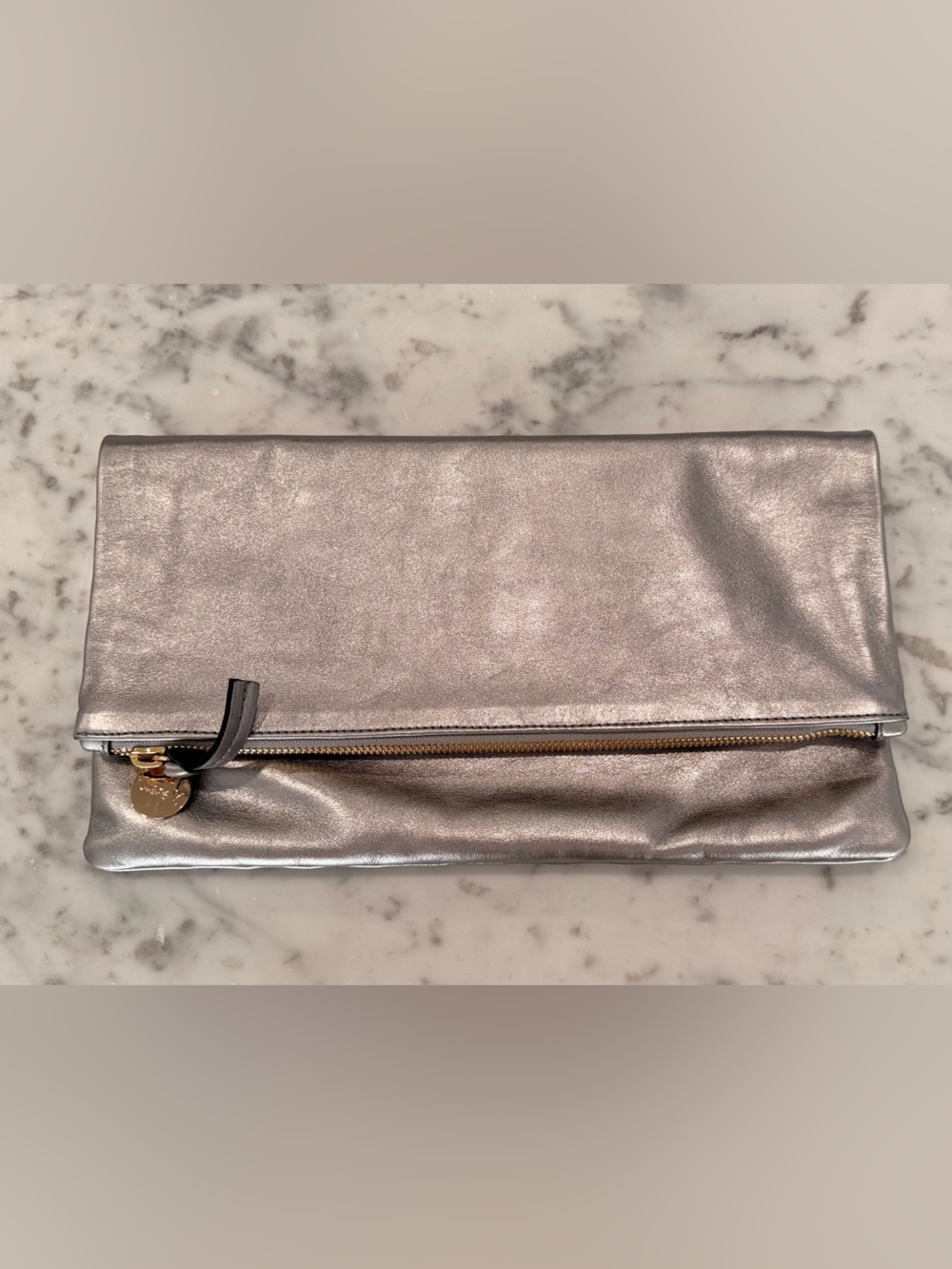 Clare V. Foldover Leather clutch in Silver